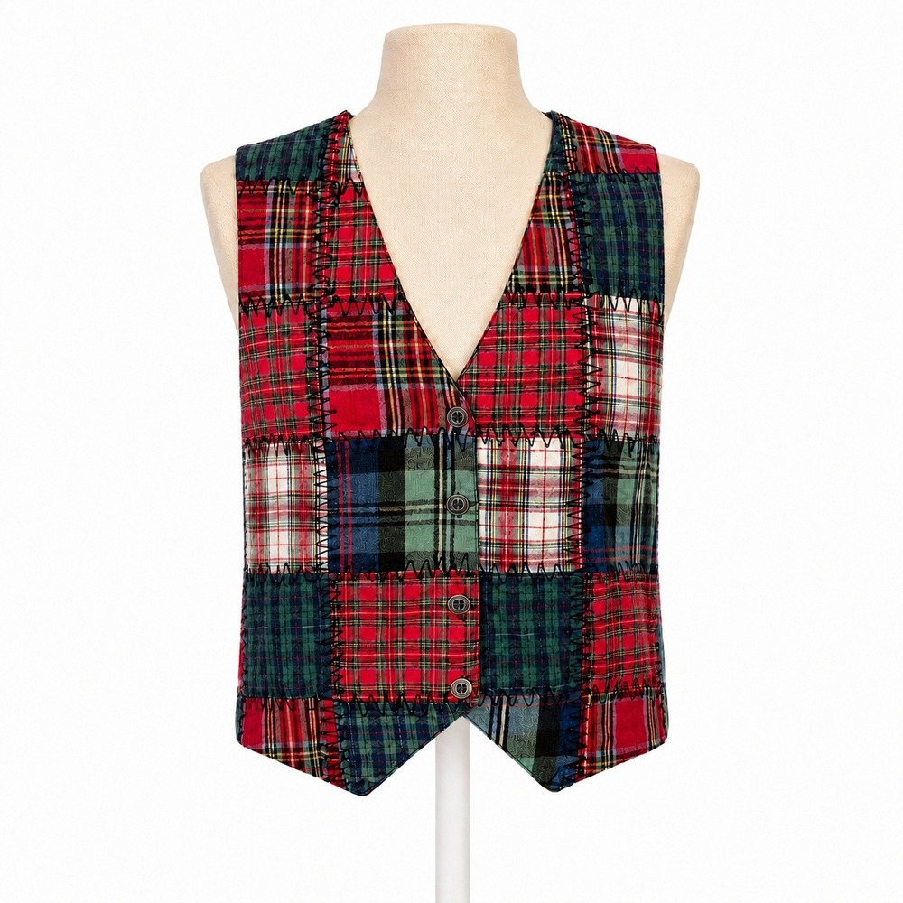 Vintage 90s Patchwork Quilted Vest Size M Red Plaid Cottagecore Western Granny